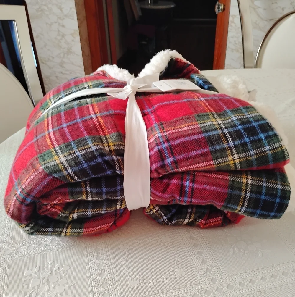 🆕 Pottery Barn Winter Simon Plaid Sherpa Throw Blanket, Red Multi, 50x60” NWT